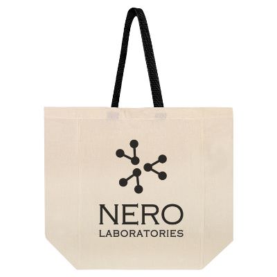 Cotton canvas natural with green grocery tote with custom logo.