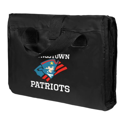 Branded fleece blanket with nylon outer shell that can fold within itself with attached handles.