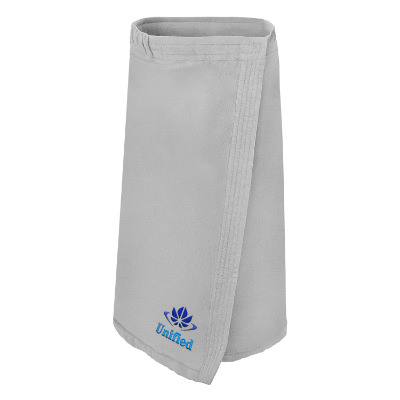 Silver cotton velour spa wrap with custom embroidered imprint.