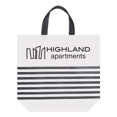 Polypropylene khaki striped tote with customized imprinting.