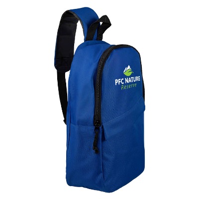 Blue sling back with black accents and full-color imprint.