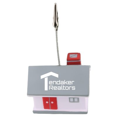 White polyurethane house stress ball with gray roof with memo clip with custom imprint.