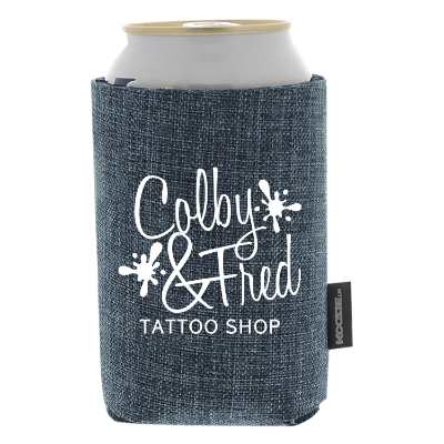 Foam royal two tone can cooler with custom imprint.