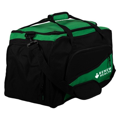 Green and black gym bag with custom white imprint.