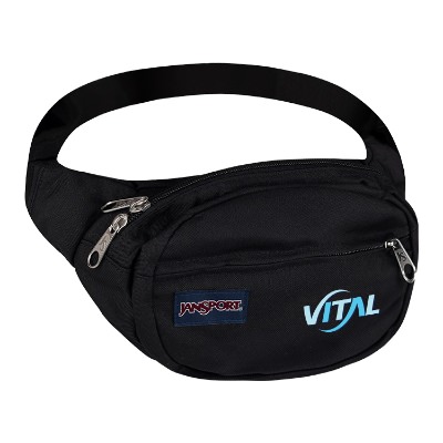 Black fanny pack with front pocket and custom full-color imprint.