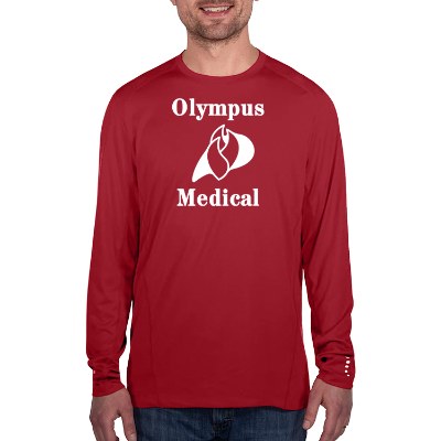 Ripped red custom imprint long sleeve tee.