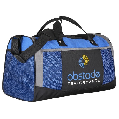 Polyester royal blue adventure duffel with custom full color imprinted.
