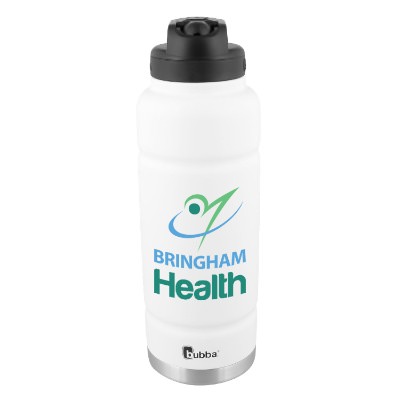 White sports bottle with custom full color logo in 40 oz.
