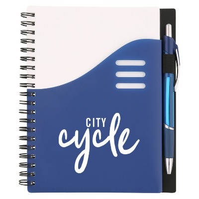 Green logoed notebook with front and inside pocket and pen.