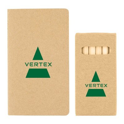 Mini recycled customized notebook with colored pencils.