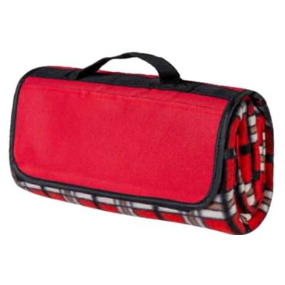 Plaid polyester water-resistant picnic blanket with a velcro closure, a flap with a front pocket.