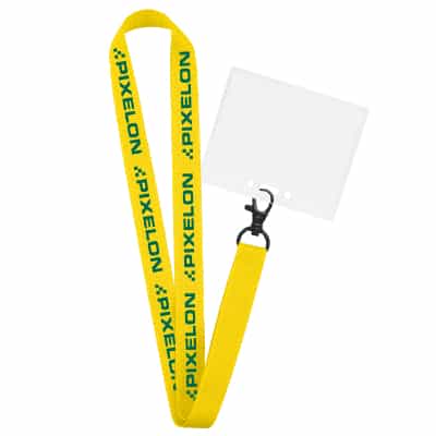 3/4 inch black grosgrain polyester lanyard with custom logo, lobster clip and horizontal ID holder.