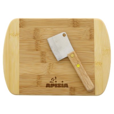 Tan bamboo charcuterie board with a personalized logo.