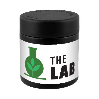 Black glass jar with custom full color logo.