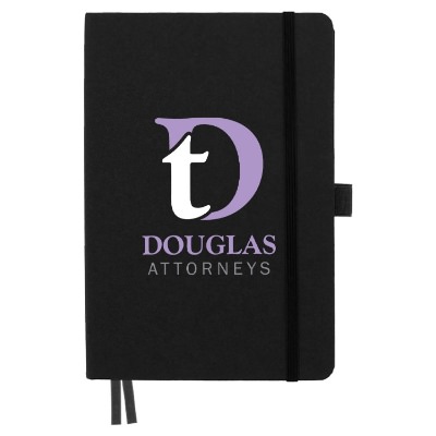 Black recycled marine bound journalbook with a custom full color imprint.