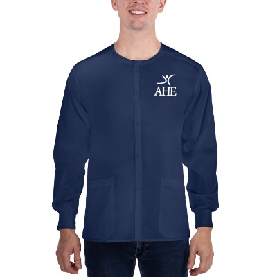 Custom imprinted blue scrub jacket.