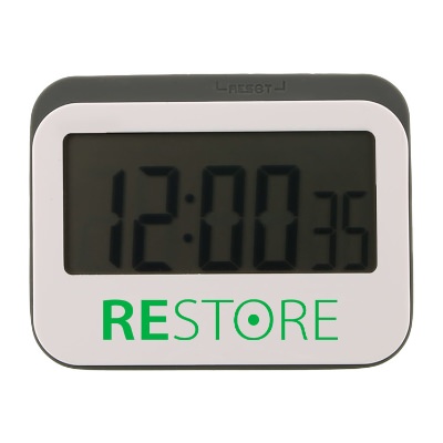 Gray plastic digital kitchen timer and clock with custom one color imprint.