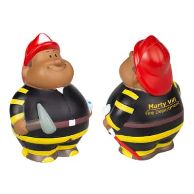 Foam firefighter pete stress ball with a custom imprinted logo.