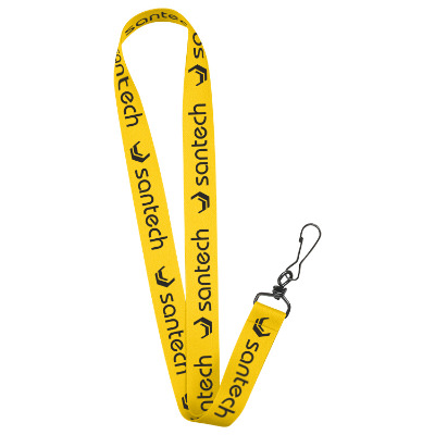 1 inch royal blue satin polyester lanyard with custom imprint and black j-hook.