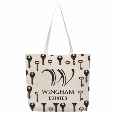 Natural cotton tote with a custom logo.