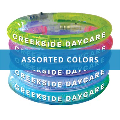 Assorted plastic bracelet with a custom imprint.