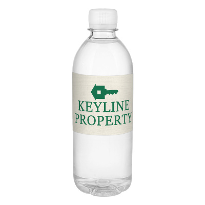 Clear plastic bottled water with a custom logo.