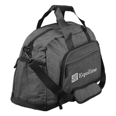 Gray duffle bag with custom white imprint on the front pocket.