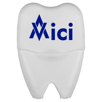 White plastic dental floss with a personalized logo.