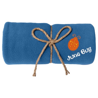 Embroidered 100% recycled polyester blanket with string tie in brown.