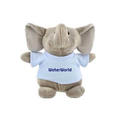 Plush and cotton light blue bean bag buddy elephant with imprint.