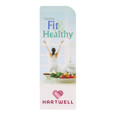 White cardstock bookmark with a custom logo.