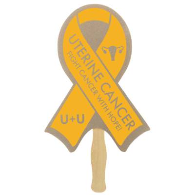 Paper brown hand fan with a branded logo.