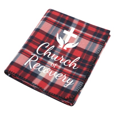 Red, black, and white plaid blanket with custom design.