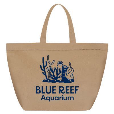 Polypropylene tan tote bag with custom logo and matching bottom insert.
