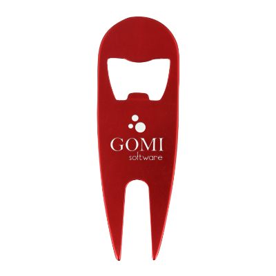 Aluminum red divot tool bottle opener engraved.