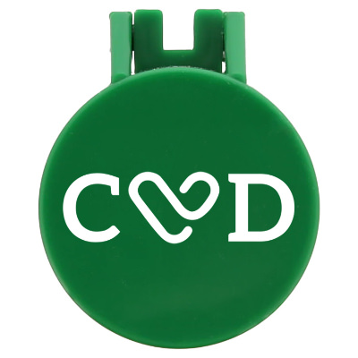 Green plastic pill box with a custom imprint.