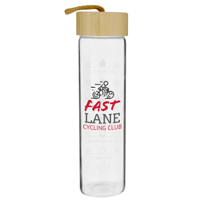 Glass water bottle with bamboo lid and custom full color logo in 20 oz.