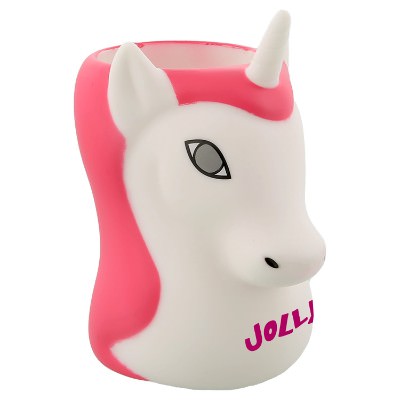 White and pink plastic unicorn pen holder with custom one color imprint.