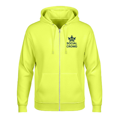 Safety color customized zip up hooded sweatshirt.