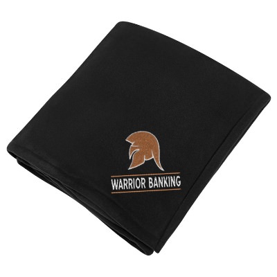 Navy blue fleece sherpa blanket with custom design.