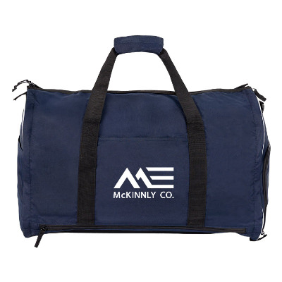 Navy blue polyester garment bag with a branded logo.