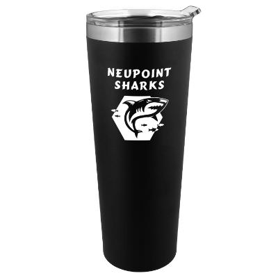 Black tumbler with a custom logo.