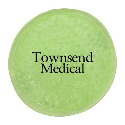 Plastic pastel green hot and cold pack with custom imprint.