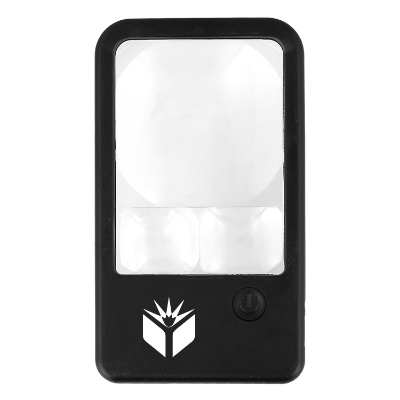 Black plastic magnifier with a custom imprint.
