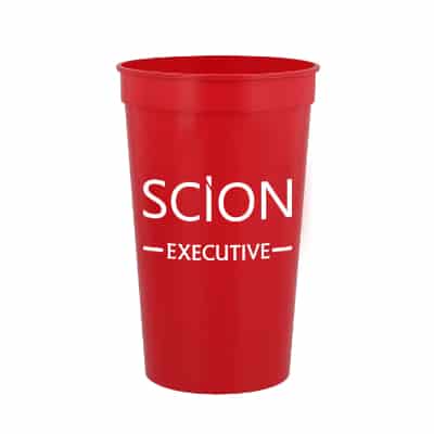Plastic black stadium cup with custom imprint in 22 ounces.
