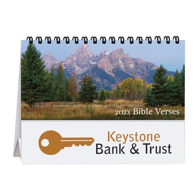 Tent desk calendar with assorted bible verses with custom full color imprint.