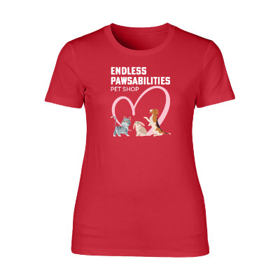 Ladies' red short-sleeve full color logoed t-shirt.