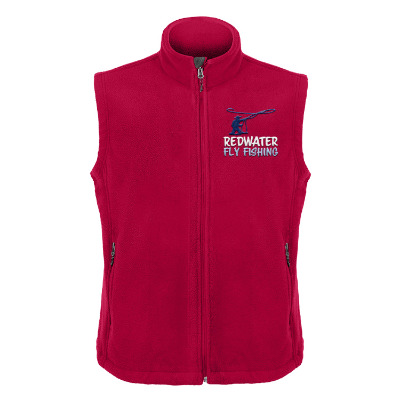 Red vest with custom embroidered logo.