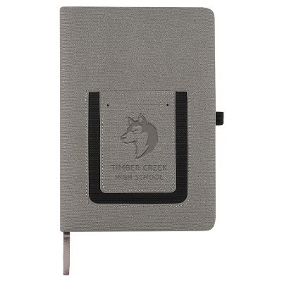 Gray wavy roma journal with phone holder and debossed custom design.