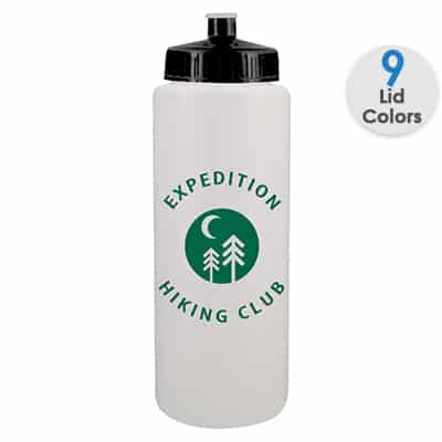 Plastic white water bottle with custom imprint and push pull lid in 32 ounces.